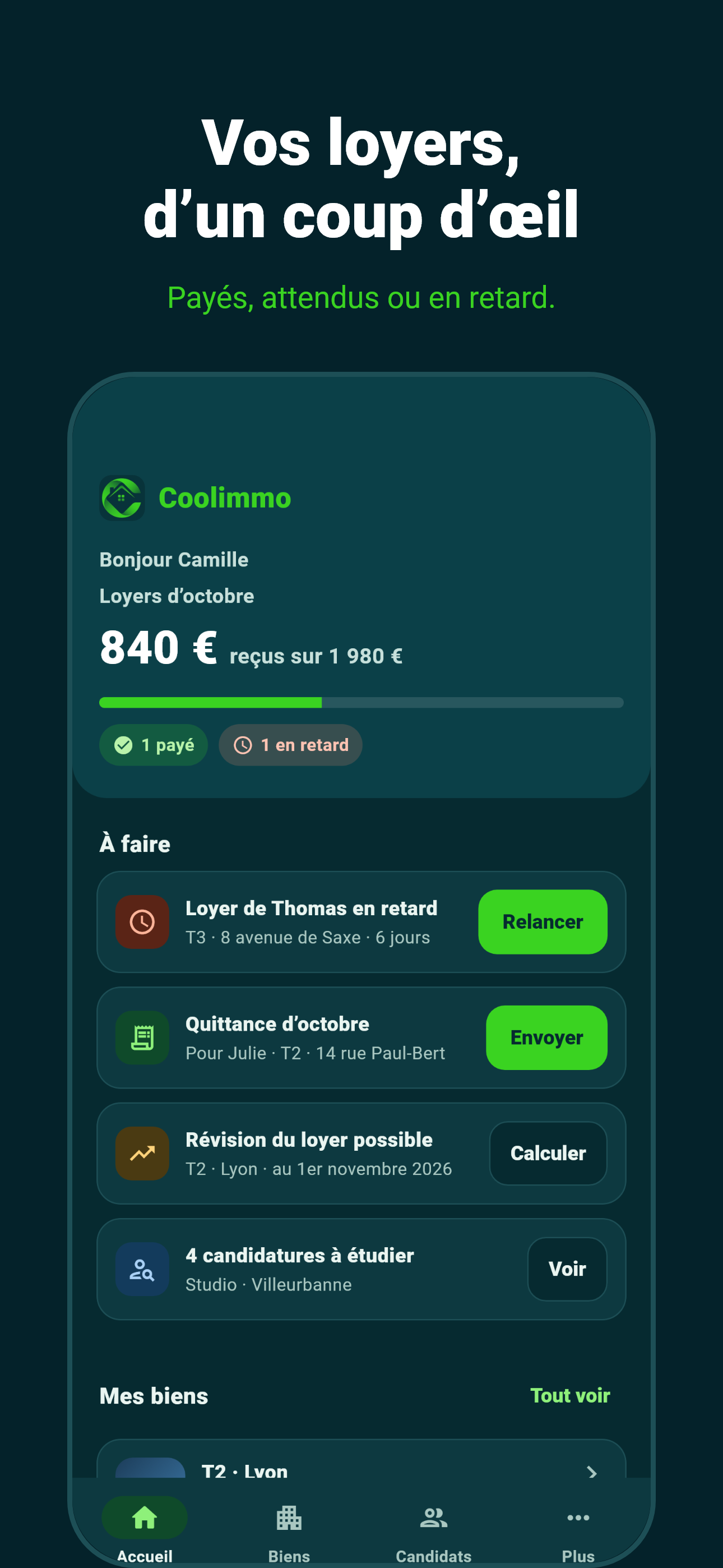 L’écran d’accueil de Coolimmo : les loyers du mois et la liste des choses à faire